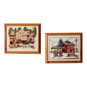 Vintage Framed Crewel Needlework Art Wall Hangings Set 2