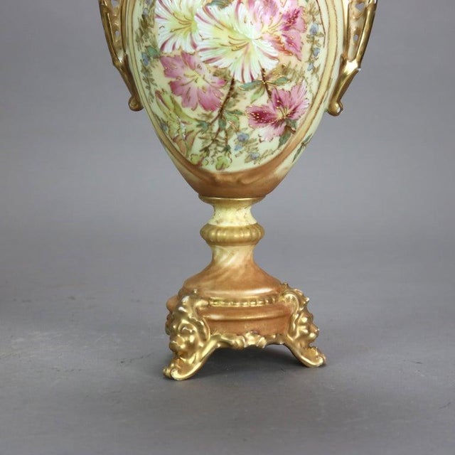 Gold Pair Antique Rudolstadt Hand Painted and Gilt Porcelain Bolted Urns 1890s For Sale - Image 8 of 8