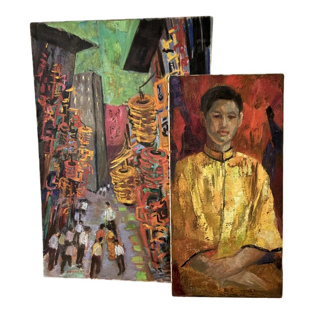 1960s Pair of Mid Century Oil Paintings For Sale