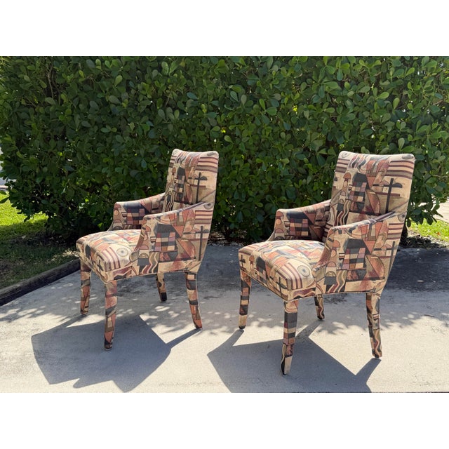 Vintage Postmodern Parsons Armchairs With Memphis-Style Geometric Upholstery, Pair For Sale - Image 4 of 12