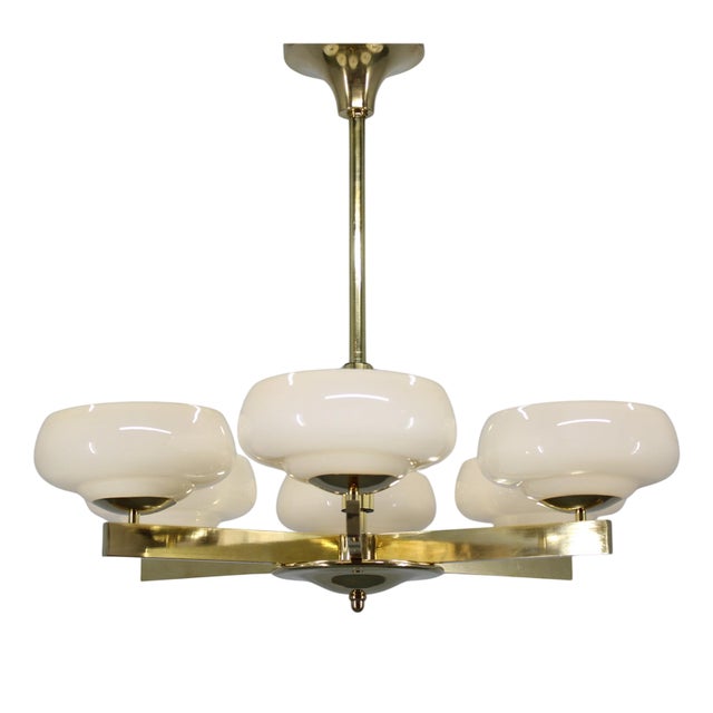 Art Deco Brass Chandelier with Opaline Glass, Czechoslovakia, 1930s For Sale