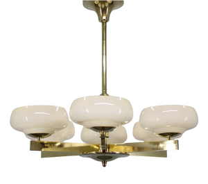 Art Deco Brass Chandelier with Opaline Glass, Czechoslovakia, 1930s