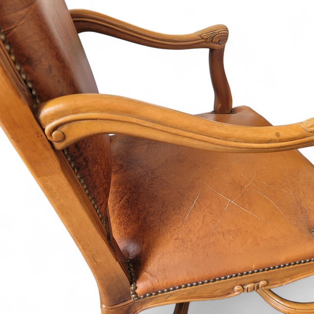 French Louis XV Style Carved Walnut and Patinated Leather Armchair, 1920s For Sale - Image 14 of 18