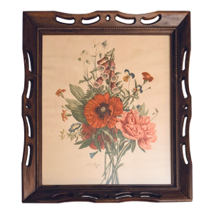 Early 20th Century J L Prevost Botanical Lithograph - Sidney Z. Lucas SZL - Reticulated Wood Frame - Pansies, Poppies & Peony