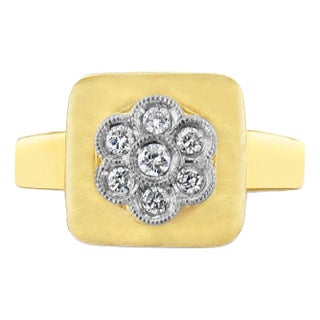 Diamond Flower Shaped Brushed Satin Finish Ring 14k Yellow Gold, Size 6 For Sale