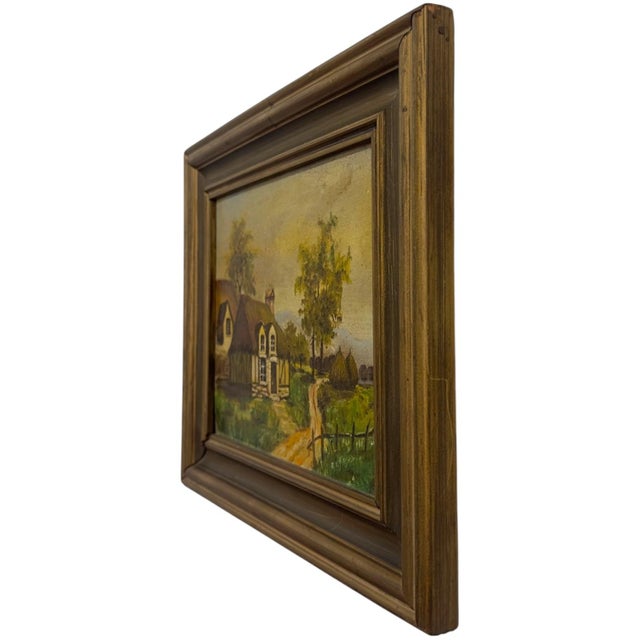1970s Vintage Unsigned Cottage Landscape Oil Painting – Framed European Countryside Scene. For Sale - Image 5 of 7