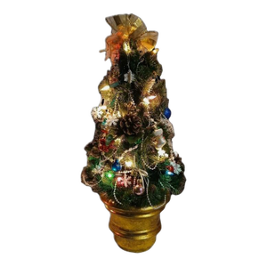 Whimsical Victorian Mini Christmas Tree 19” Tabletop Lights Ornaments Gold Pot
