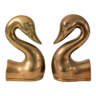 Vintage Brass Swan Head Bookends For Sale