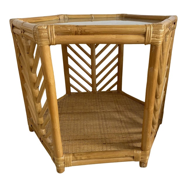 Brown Vintage Boho Chic Rattan Octagonal Glass Top Coffee Table For Sale - Image 8 of 8