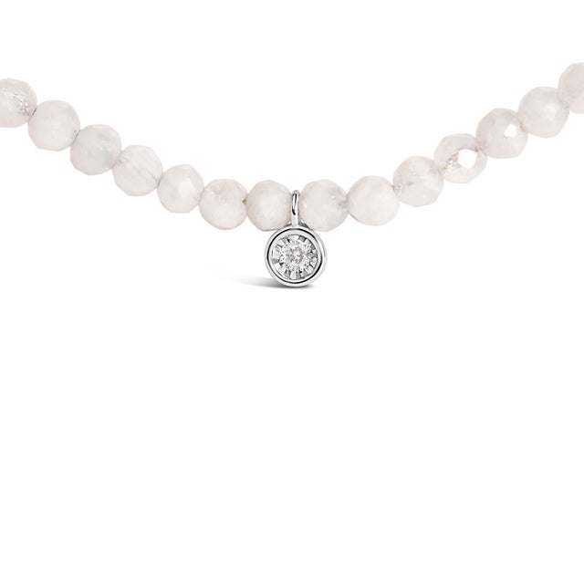 Contemporary Sterling Silver Moonstone Bead Station Necklace with Diamond Accent For Sale - Image 3 of 4