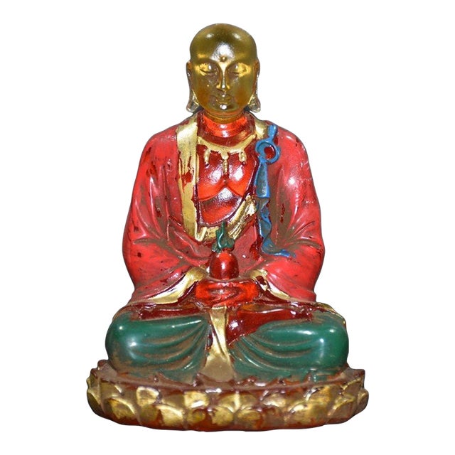 Colored-Glass Buddha Figurine — Seated on Lotus Throne, Red & Gold Robes For Sale