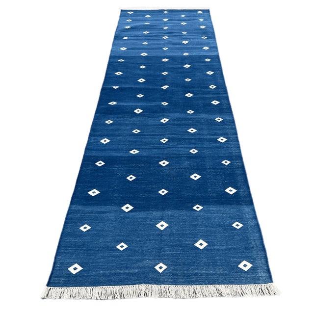 Not Yet Made - Made To Order Handmade Reversible Cotton Runner Rug Vegetable Dyed Blue and White Diamond Dhurrie Runner -3'x16' For Sale - Image 9 of 11