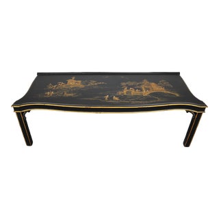 Vintage Black Background Hand Painted Gold Chinoiseries Landscape Coffee Table. Side Table For Sale