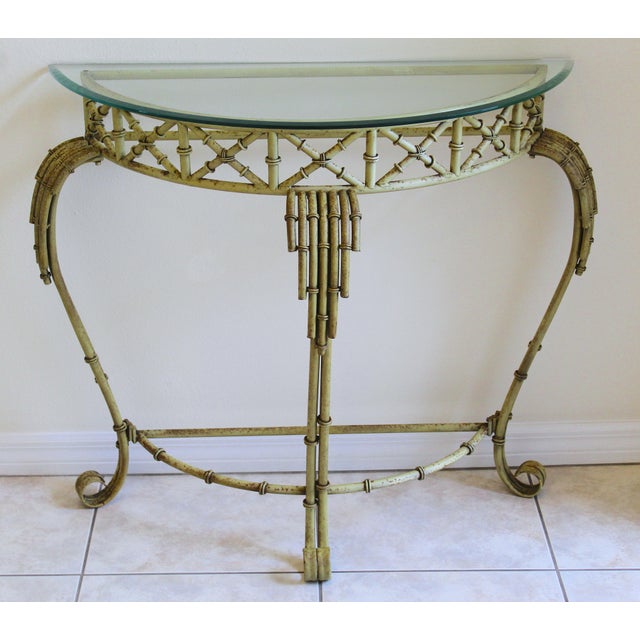 Hollywood Regency Vintage Hollywood Regency Faux Bamboo Console Table & Mirror Set Demilune Palm Beach Regency 1970s For Sale - Image 3 of 18