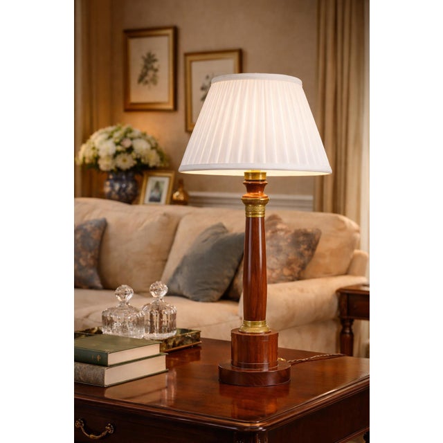 Neo-Classical Turned Wood and Brass Column Table Lamp with Pleated Shade, 1950s For Sale - Image 3 of 11