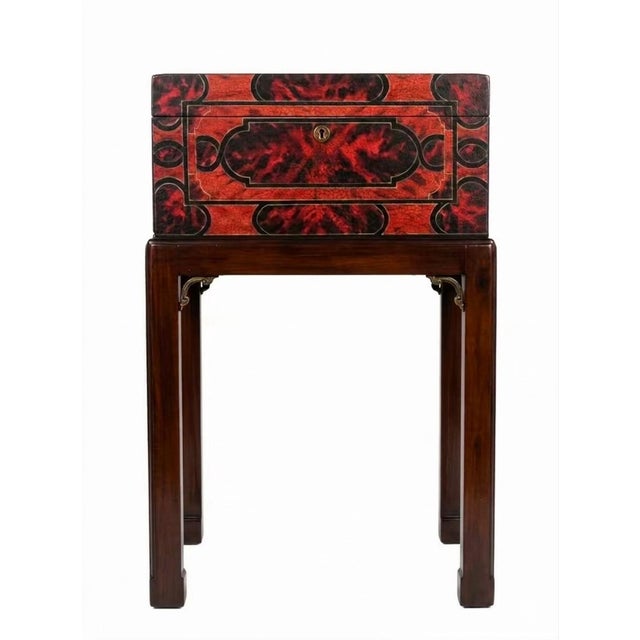 Striking Theodore Alexander carpet decoupaged box on mahogany stand side table with brass brackets. Very versatile George...