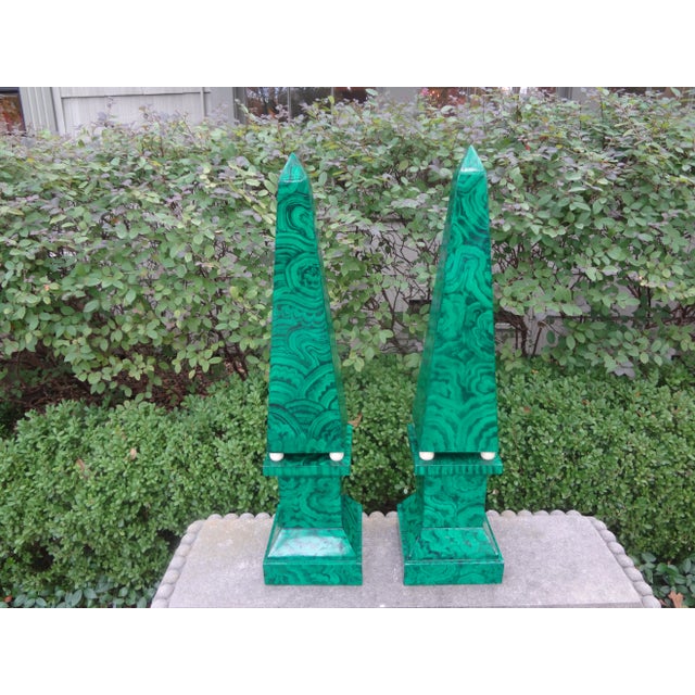 Pair of Large Carved Wood Faux Malachite Obelisks For Sale - Image 12 of 12