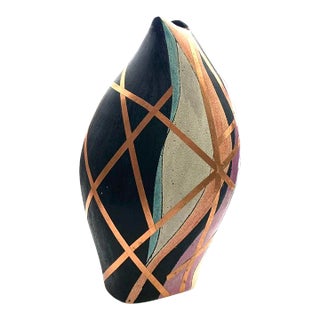 Mid-Century Modem Style Abstract Design Pottery Vase With Copper Accent Signed For Sale
