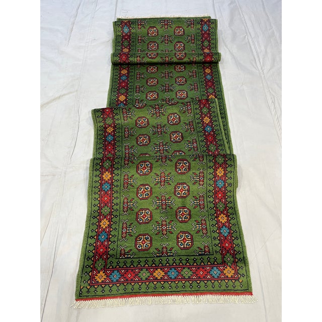 Extra-Long Green Turkmen-Style Geometric Runner Rug, 2'9" X 15'8" For Sale - Image 4 of 15