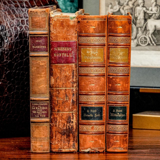 Traditional Set of 4, Wonderful Time Worn Collection of Antique Leather Spine Books Home Office Library Decor For Sale - Image 3 of 16
