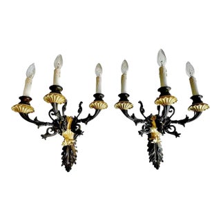 Pair French Empire 3 Arm Bronze Wall Sconces For Sale