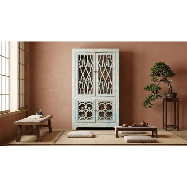 Distressed Shabby Chic Pastel Blue Latticework Glass Door China Bookcase Cabinet For Sale - Image 12 of 13