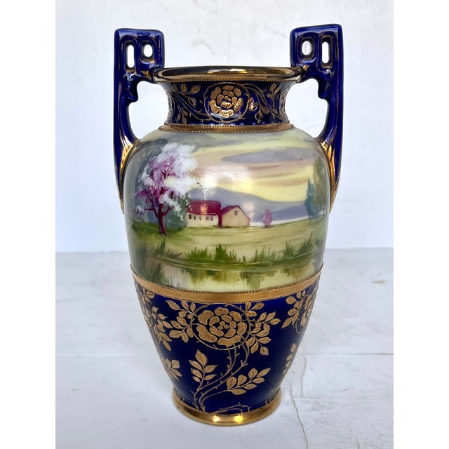 Blue Antique Early 1900s Nippon Porcelain Hand Painted Vase For Sale - Image 8 of 16