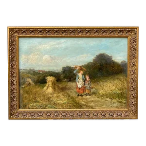 Antique English Oil Painting of Girls Gathering Hay Circa 1900