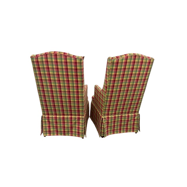 Late 20th Century Traditional Petite High-Back Gingham Wingback Chairs - a Pair For Sale - Image 4 of 8