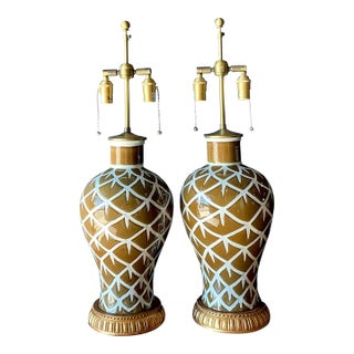 Vintage Boho Bunny Williams “Chicken Feathers” Glazed Ceramic Lamps - A Pair For Sale