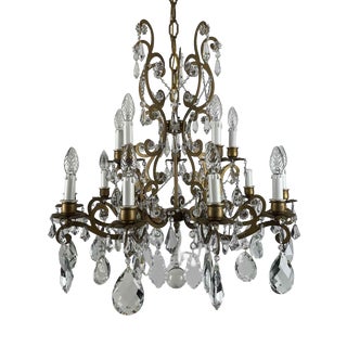 Chandelier in Gilded Iron and Crystals, 1950s For Sale