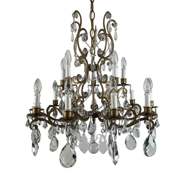 Chandelier in Gilded Iron and Crystals, 1950s For Sale