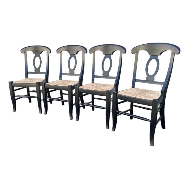 Pottery Barn Napoleon Black Rush Seat Modern Dining Chairs- Set of 4 For Sale