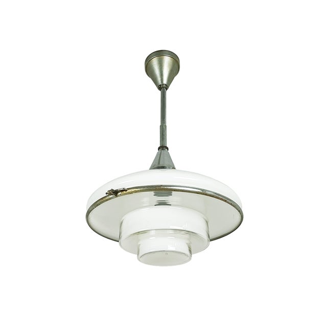 Small Chrome-Plated and Opaline Glass Pendant Lamp by Otto Müller for Sistrah Licht GmbH, 1920s For Sale