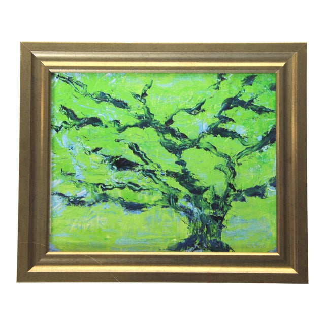 Impressionist Abstract Botanical Tree Green Indigo Blue Original Oil Painting Cleo Plowden For Sale