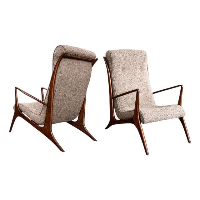Sculptural Pair of Brazilian Modernist Armchairs in Hardwood & Boucle by John Graz, Brazil, 1950s For Sale