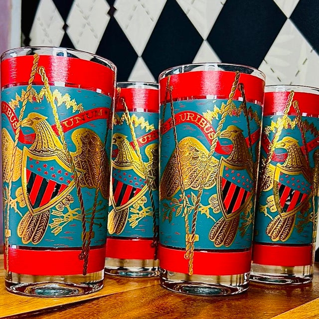 Teal 1960s Americana Gold Eagle Regimental Drum Highball Glasses 22k Vintage Set of 4 For Sale - Image 8 of 11