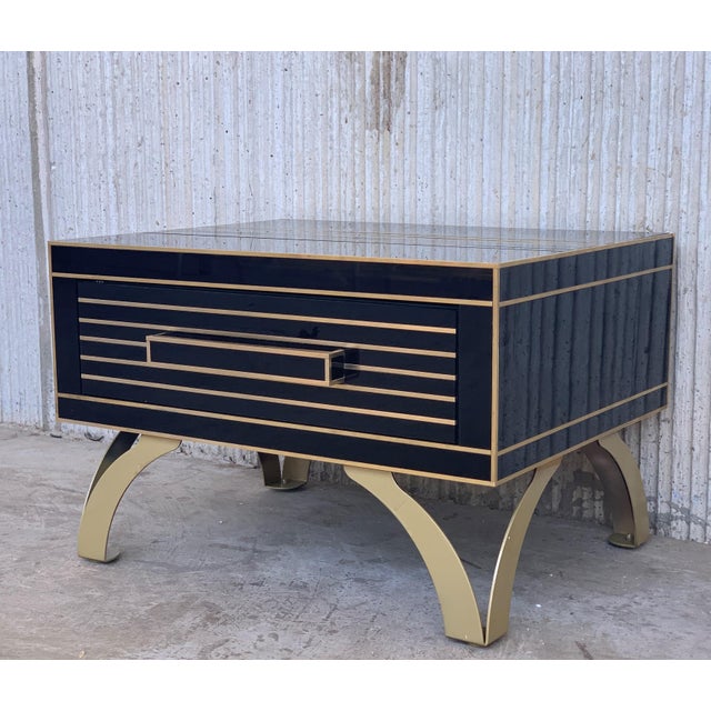 New Pair Of Mirrored Low Nightstand In Black Glass Mirror Chrome With Drawer Chairish