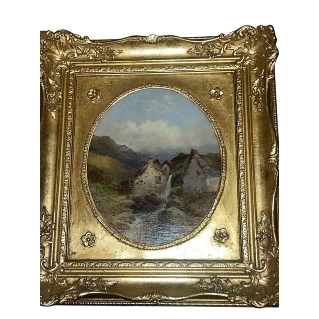 19th century atmospheric oil on panel painting attributed to Thomas Creswick on giltwood frame with a warm gold finish and...