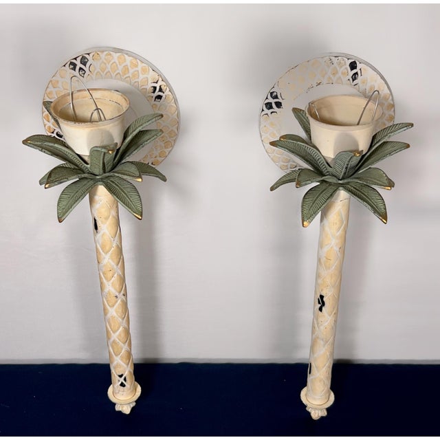 Mid 20th Century Pair of Mid 20th Century Italian Hollywood Regency Cast Metal Palm Tree Toleware Candle Sconces For Sale - Image 5 of 8