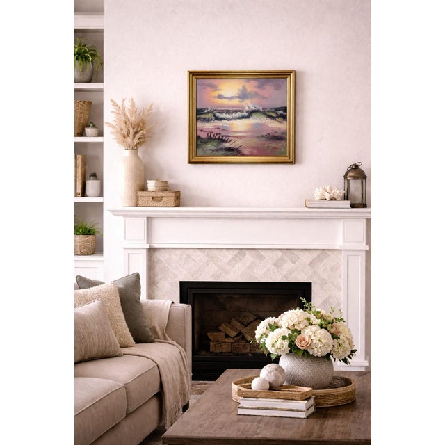 This striking oil on canvas painting captures a dramatic ocean scene at sunset, where powerful waves crash onto the shore...