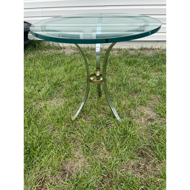 Metal Pair of Vintage French Glass, Steel and Brass Round Side Tables Attributed to Maison Jansen For Sale - Image 7 of 7