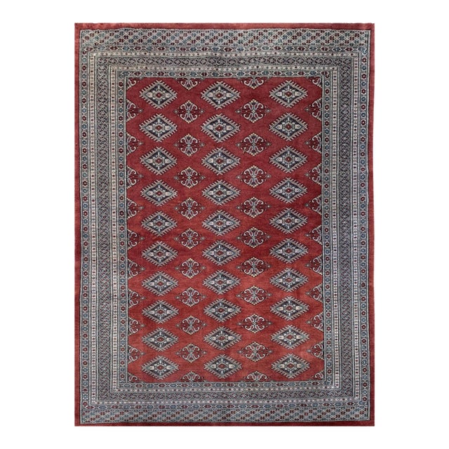 Authentic Hand Knotted Vintage Pakistani Bokhara Jhaldar Wool Area Rug 7.10 X 5.7 Ft For Sale