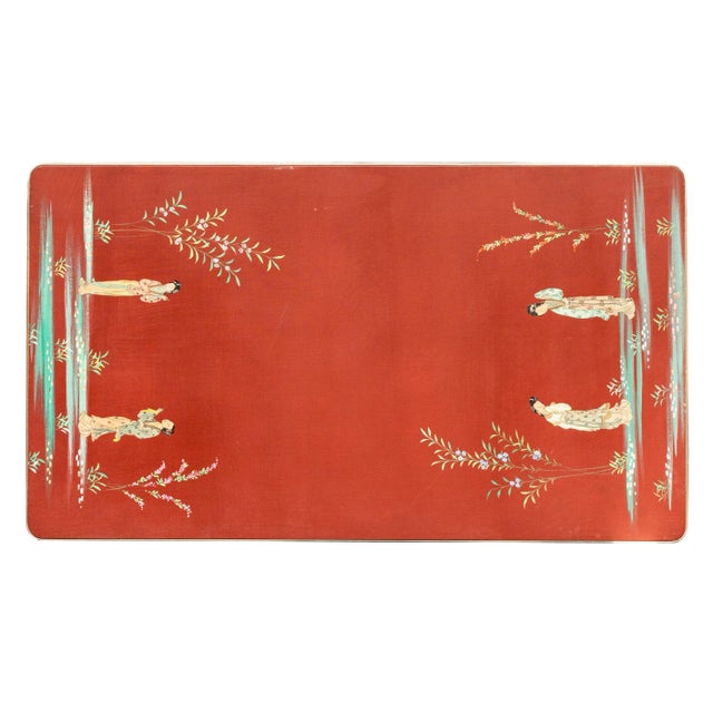 Mid-Century Modern Dining Table and Six Chairs by Umberto Mascagni, the table with a cinnabar red chinoiserie top, the...