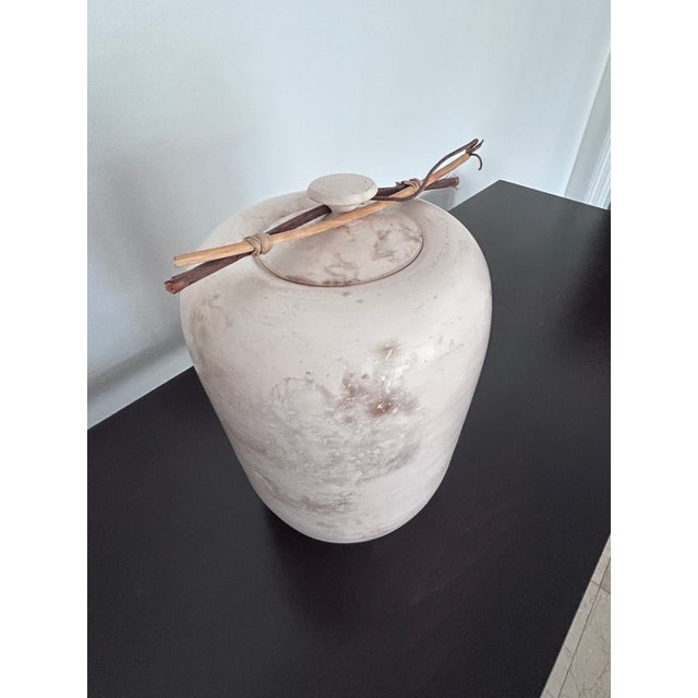 Contemporary Vintage Studio Art, by David Smyth, Signed - Raku Fired White Ceramic Vessel With Lid and Natural Wood Twig Accents – 9.5” For Sale - Image 3 of 12