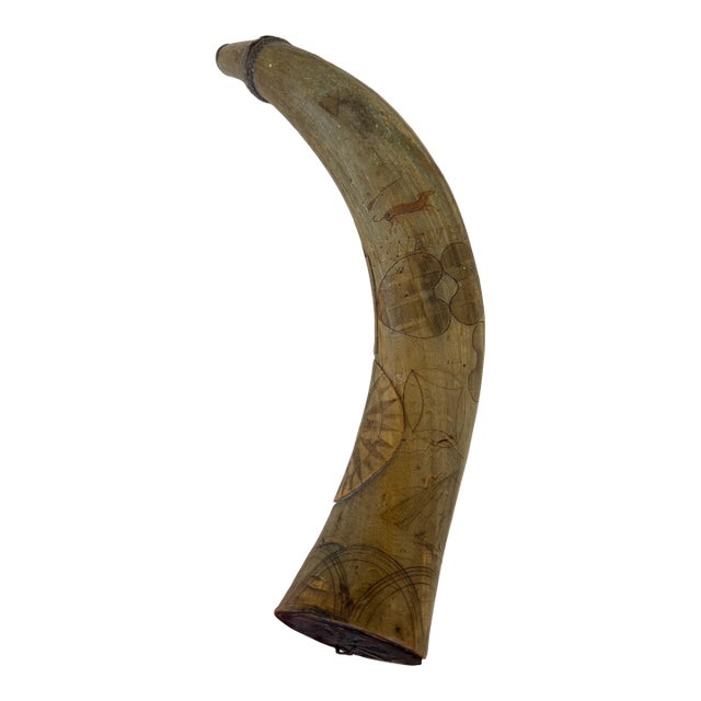 Antique July 1851 Scrimshaw Powder Horn 14" Engraved Sailing Boats, Hunting Dog & Rifle, Flying Birds Compass and Hearts Marked N.Newell For Sale