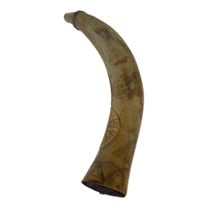 Antique July 1851 Scrimshaw Powder Horn 14" Engraved Sailing Boats, Hunting Dog & Rifle, Flying Birds Compass and Hearts Marked N.Newell