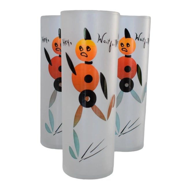 Mid-Century Modern Vintage 1950s Federal Glass Hey Wait for Me Tall Frosted Tom Collins Zombie Tumblers- Set of 6 For Sale - Image 3 of 10