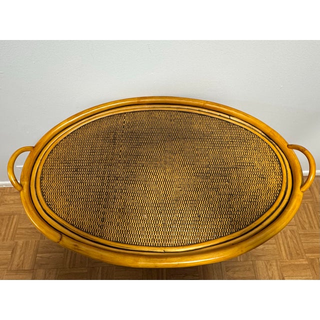 Coastal Vintage Rattan Bamboo Two-Tier Oval Serving Table With Removable Tray Top For Sale - Image 3 of 10