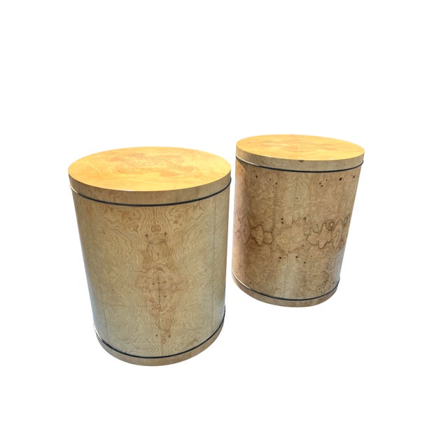 Modern Vintage Henredon Burl Drum Nightstands or Side End Tables in Scene Two 2 Design, Attributed For Sale - Image 3 of 8